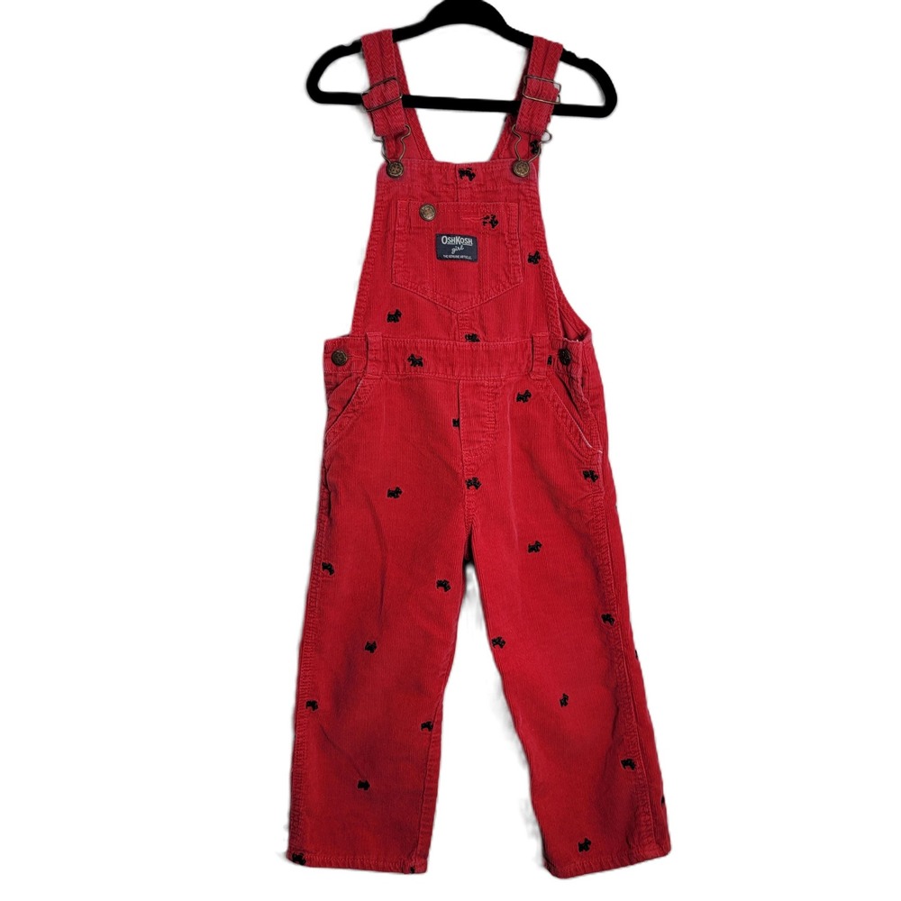 VTG OshKosh Bgosh Toddler Girls Red Corduroy Scottie Dog Embroidered Overalls 3T